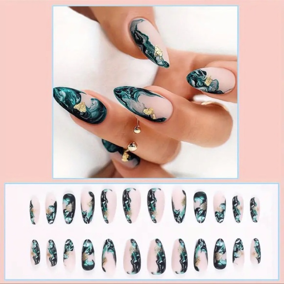 🆕 Green Marble Print Press On Nails Golden Foil Design Smudged Almond Shape NIB - Picture 2 of 5